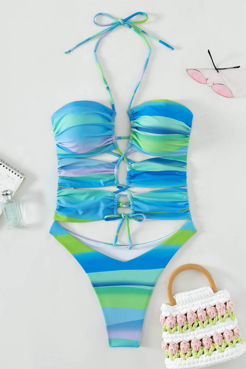 Tie-Dye Lace Up Cut-Put One Piece Swimsuit - Multi Pastel