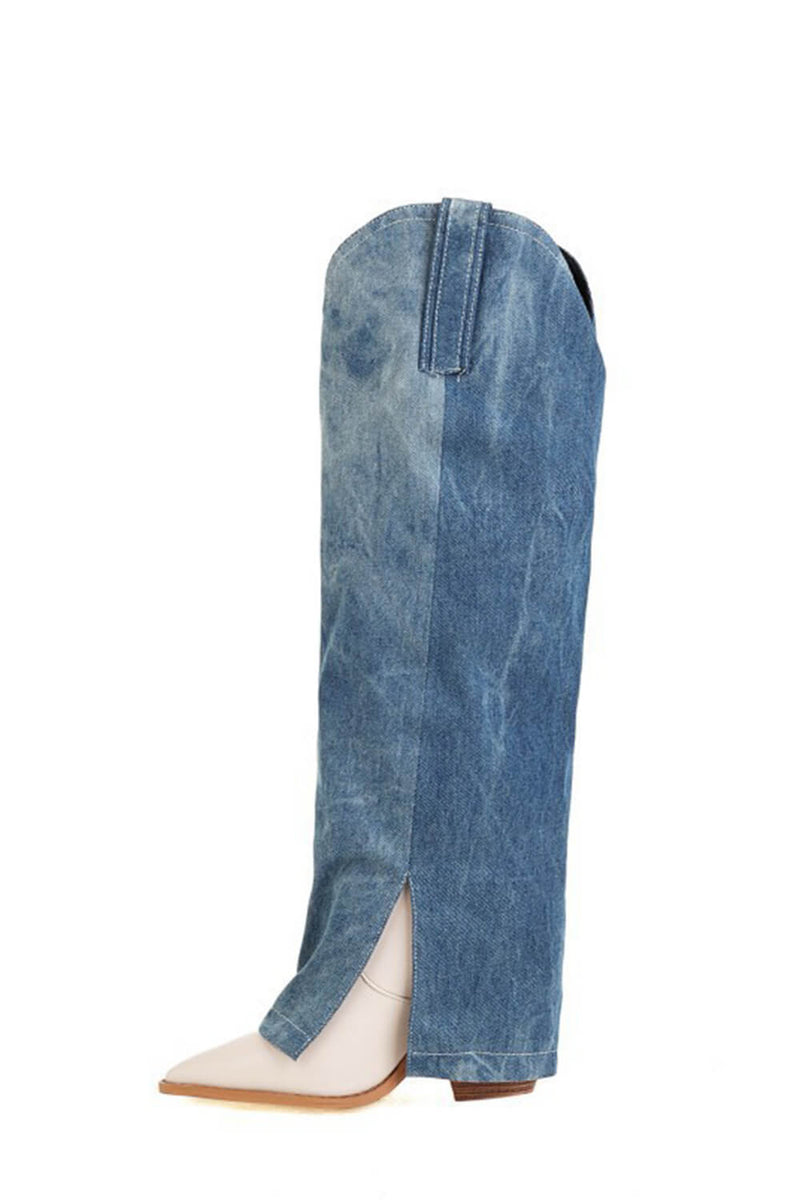 Denim Folded Pointed Toe Block Heel Knee High Boots