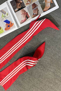 Striped Heeled Thigh High Sock Boots - Red
