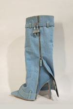 Wrapped Denim Padlock Detail Folded Pointed Stiletto Heel Knee High Long Chunky Biker Boots - Light Blue