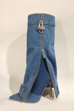 Wrapped Denim Padlock Detail Folded Pointed Stiletto Heel Knee High Long Chunky Biker Boots - Dark Blue