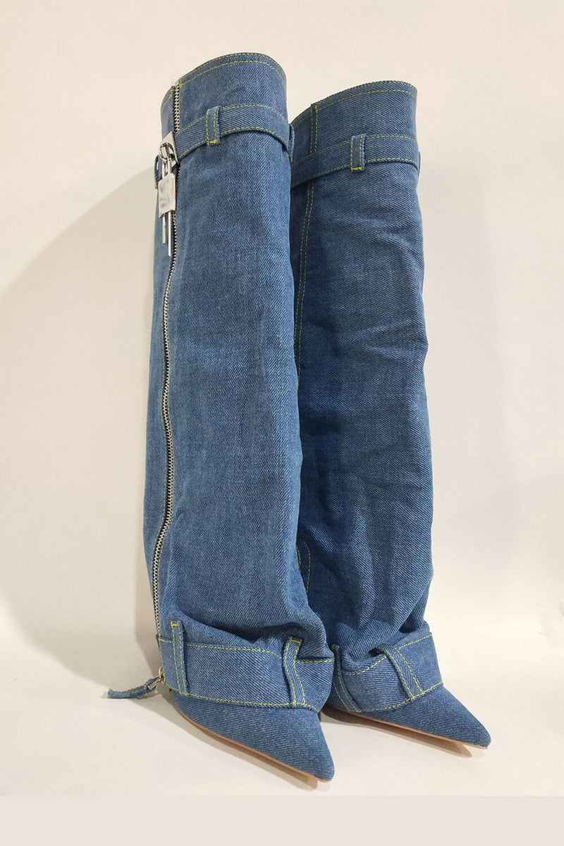Wrapped Denim Padlock Detail Folded Pointed Stiletto Heel Knee High Long Chunky Biker Boots - Dark Blue