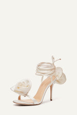 Flower Embellished Satin Lace Up Open Toe Stiletto Heels Sandals - Ivory