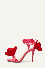 Flower Embellished Satin Lace Up Open Toe Stiletto Heels Sandals - Red