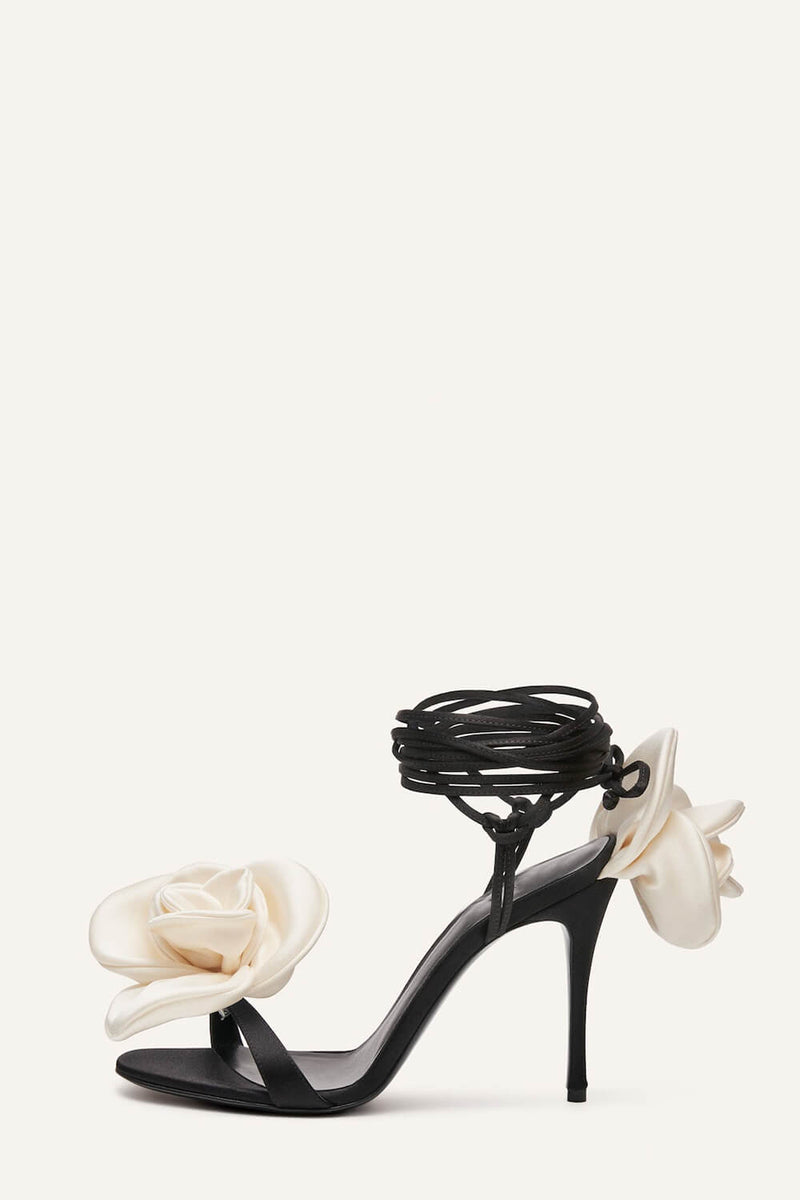 Ivory And Blackflower Embellished Satin Lace Up Open Toe Stiletto Heels Sandals