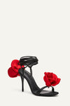Red And Black Flower Embellished Satin Lace Up Open Toe Stiletto Heels Sandals - Ivory/Red