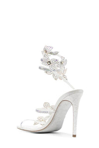 Crystal-Embellished Flower Snake Wrap Stiletto Sandals - White
