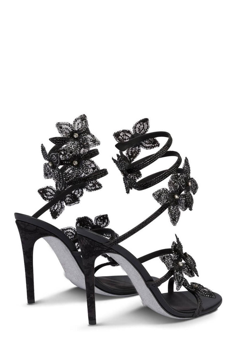 Crystal-Embellished Flower Snake Wrap Stiletto Sandals - Black