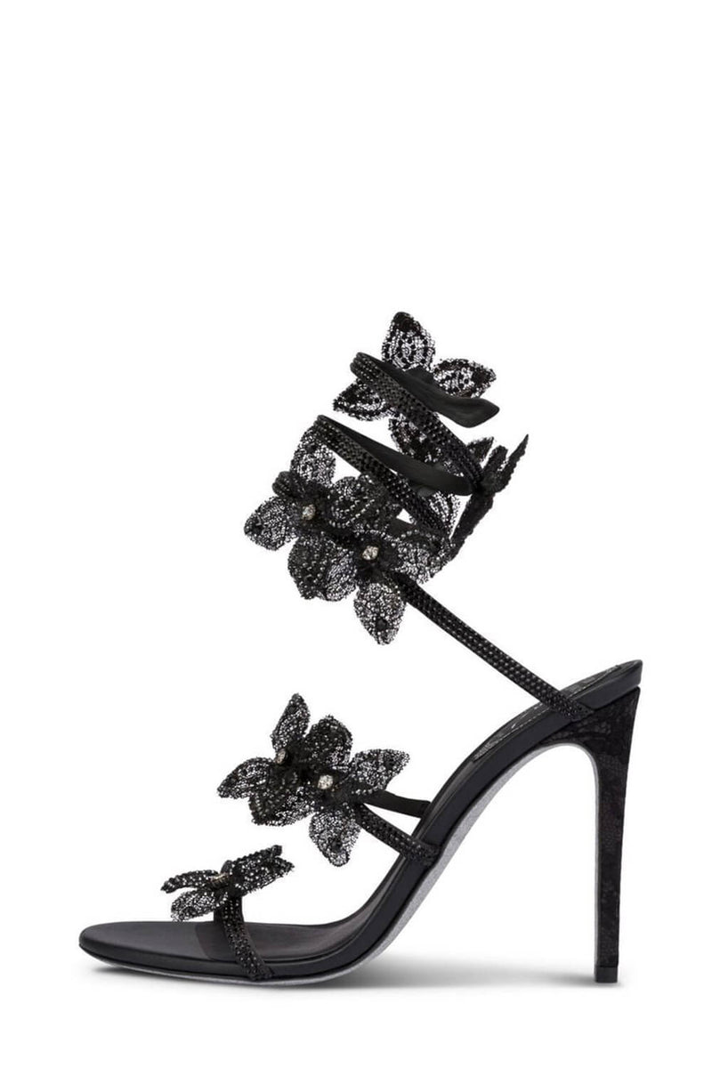 Crystal-Embellished Flower Snake Wrap Stiletto Sandals - Black
