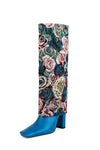 Blue Floral Folded Knee High Square Toe Block Heel Long Boots