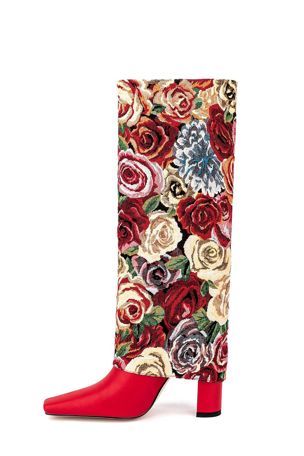 Red Floral Folded Knee High Square Toe Block Heel Long Boots