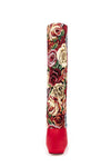 Red Floral Folded Knee High Square Toe Block Heel Long Boots
