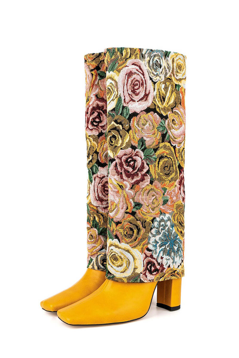Yellow Floral Folded Knee High Square Toe Block Heel Long Boots