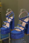 Blue Crystal-Embellished Strappy Diamante Buckle Square Toe Statement Platform Block Heel