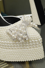 Pearls & Bow Embellished Double Platform Pointy Pumps With Triple Ankle Straps Detailing