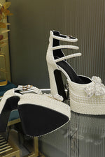 Pearls & Bow Embellished Double Platform Pointy Pumps With Triple Ankle Straps Detailing