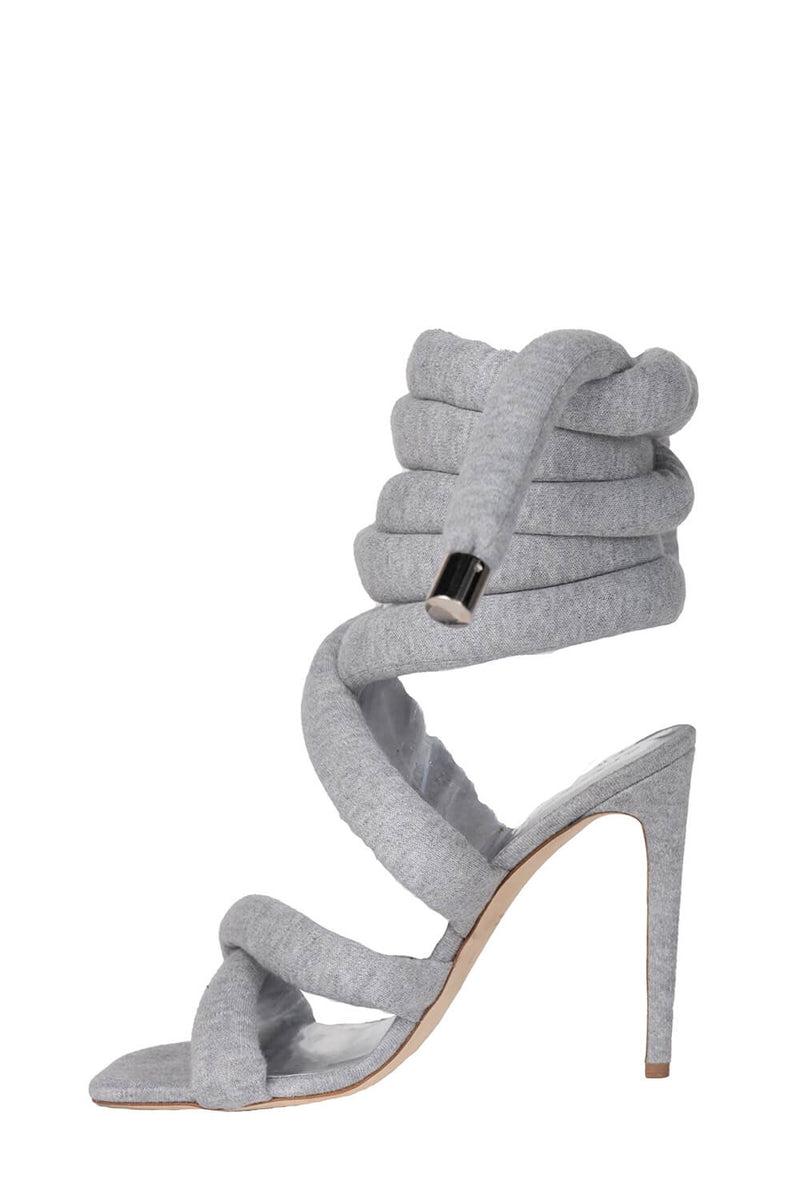 Grey Jersey Knit Lace Up Square Toe Ankle Stiletto Heels