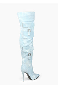 Denim Cargo Pocket Pointed Toe Thigh High Stiletto Boots