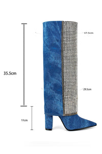 Denim Folded Rhinestone Knee High Pointed Toe Block Heel Long Boots