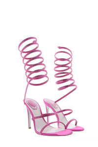 Diamante Wrap Around Almond Open Toe Stiletto Sandals - Hot Pink