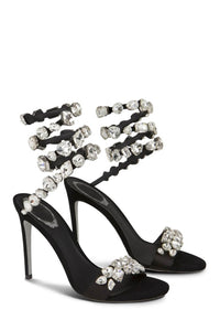 Rhinestones-Embellished Snake Wrap Stiletto Sandals - Black