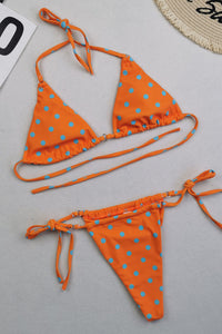 Polka Dots Print Halter Triangle Tie Side Bikini Set With Ring Detailing
