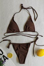 Halter Triangle Tie Side Bikini Set With Ring Detailing - Brown