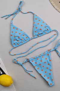 Halter Triangle Tie Side Bikini Set With Ring Detailing - Blue Polka Dots