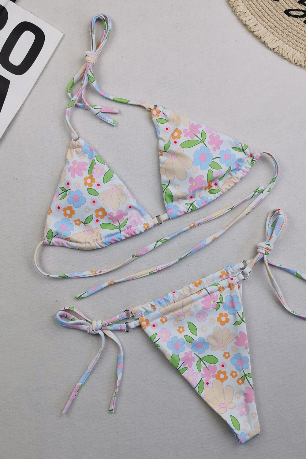 Halter Triangle Tie Side Bikini Set With Ring Detailing - Retro Flowers