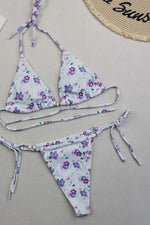 Halter Triangle Tie Side Bikini Set With Ring Detailing - Purple Flowers
