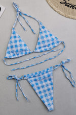 Flowers Print Halter Triangle Tie Side Bikini Set With Ring Detailing