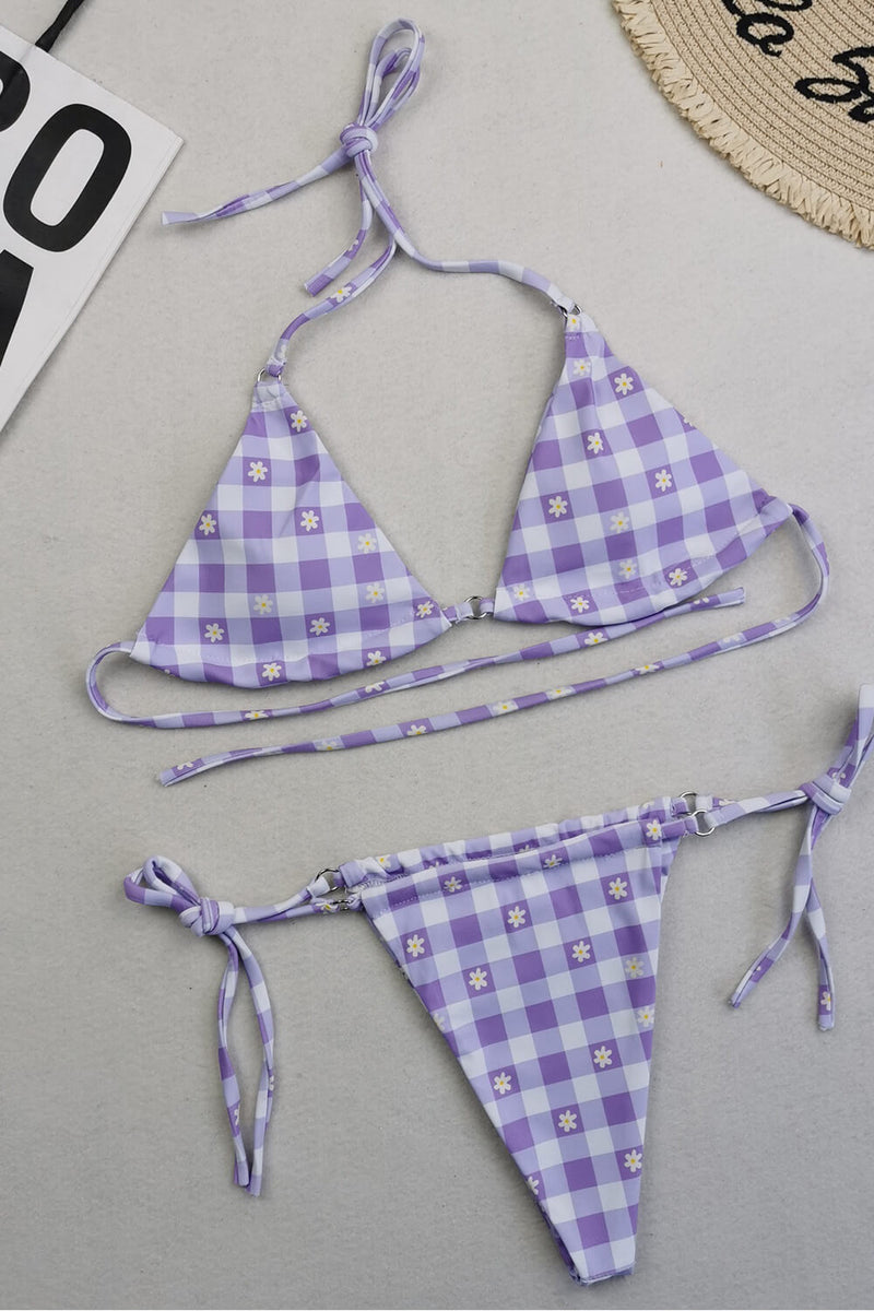 Halter Triangle Tie Side Bikini Set With Ring Detailing - Lilac Flowers