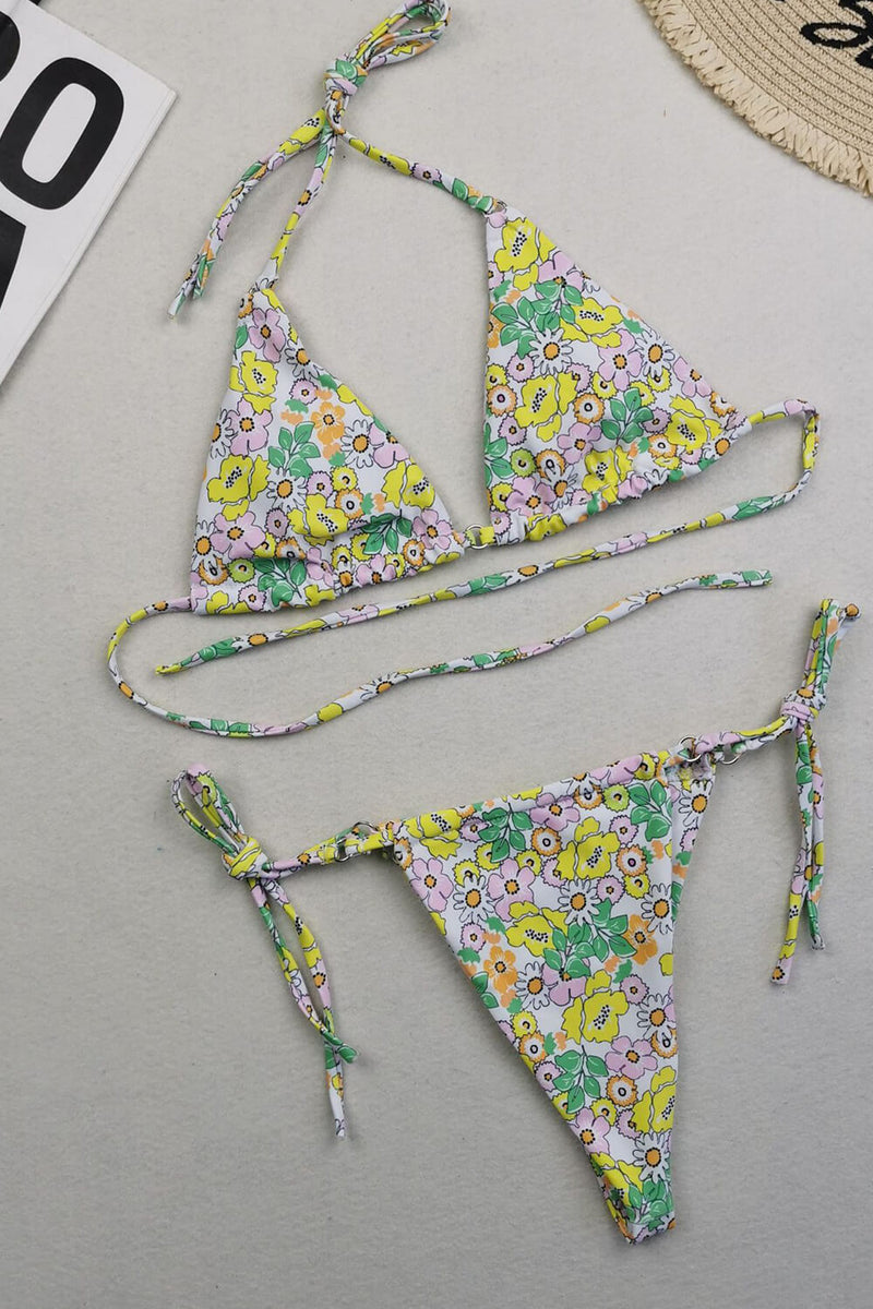 Halter Triangle Tie Side Bikini Set With Ring Detailing - Mini Flowers
