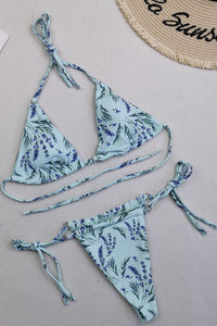 Halter Triangle Tie Side Bikini Set With Ring Detailing - Lavender Green