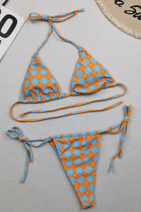 Jacquard Printed Halter Triangle Tie Side Bikini Set With Ring Detailing