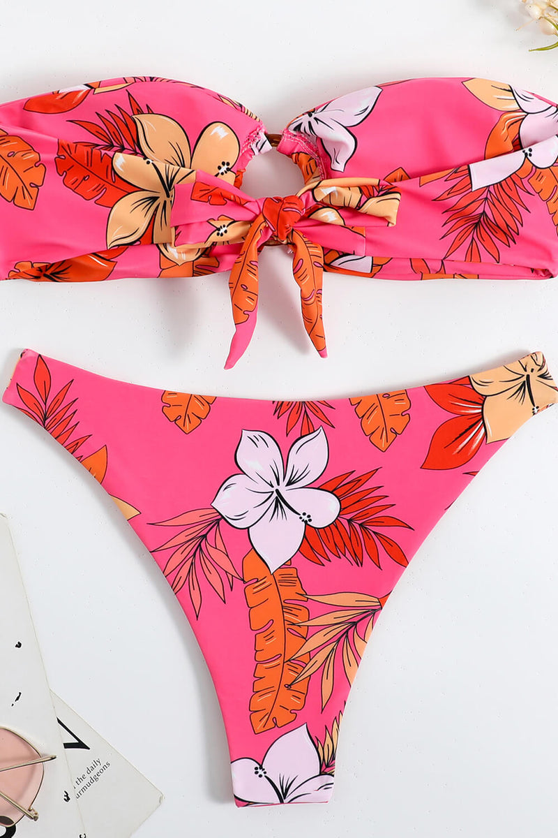 Strapless Bandeau High Cut Bikini Set With Tortoise Shell  O-Ring Detail - Pink Floral