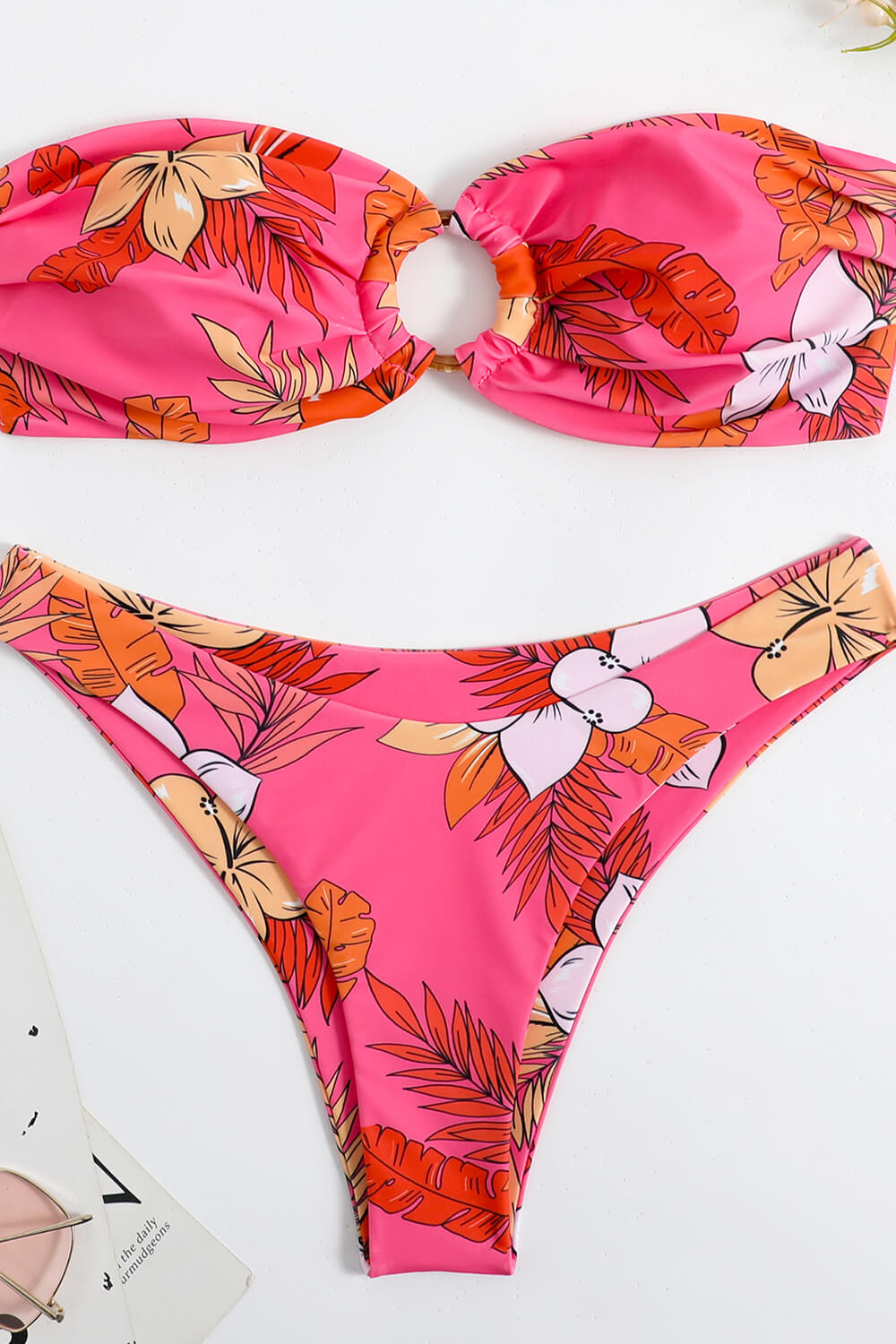 Bandeau Floral Print Patchwork High-cut Bikini Set (3 Colors)