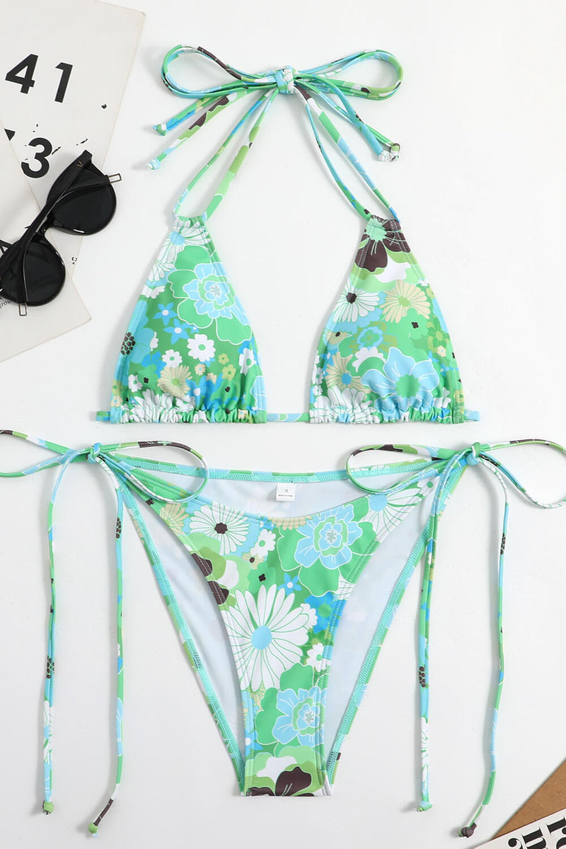 Halter Triangle Tie Side Bikini Set - Green Floral