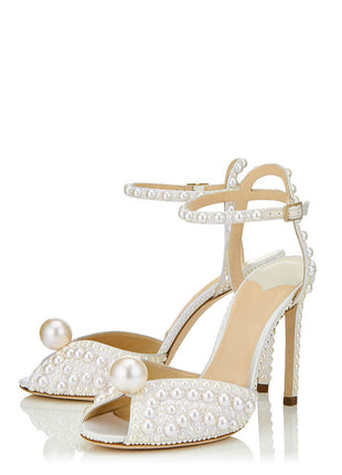 Pearl-Embellished Peep Toe Ankle Stiletto Heels