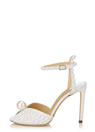 Pearl-Embellished Peep Toe Ankle Stiletto Heels