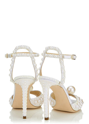 Pearl-Embellished Peep Toe Ankle Stiletto Heels