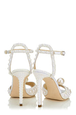Pearl-Embellished Peep Toe Ankle Stiletto Heels