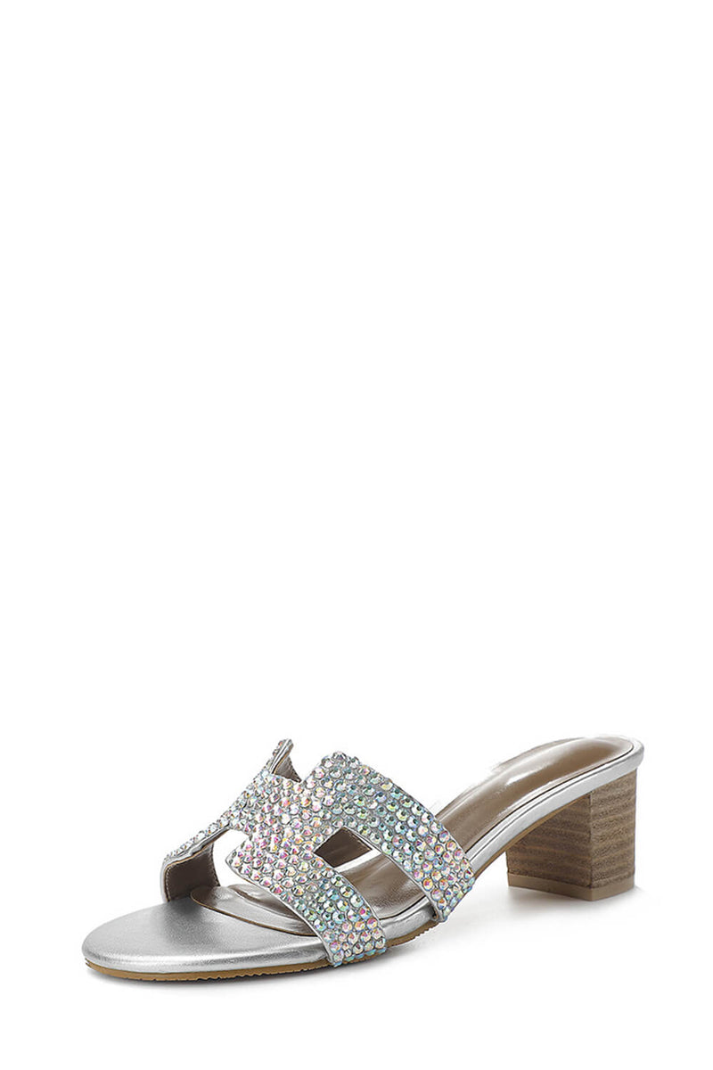 Crystal-Embellished H-Shaped Block Heeled Mule Sandals