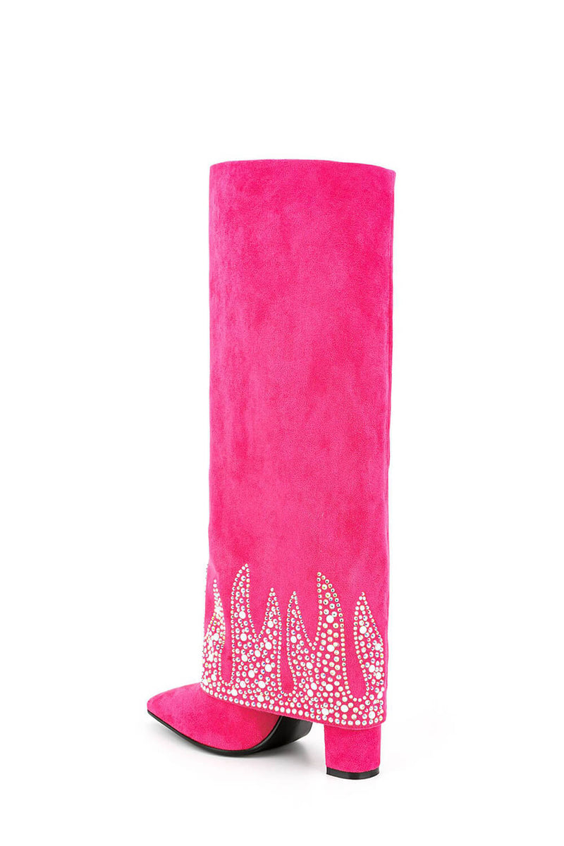 Suede Folded Crystal Knee High Pointed Toe Block Heel Long Boots - Pink