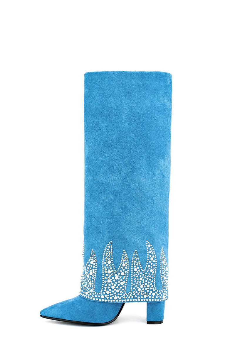 Suede Folded Crystal Knee High Pointed Toe Block Heel Long Boots - Blue