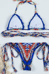Royal Blue Print Triangle Wrap Tie Bikini Set With Frill Detailing