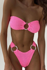 Pink Crinkle Strapless Bandeau High Cut Bikini Set With Tortoise Shell O-Ring Detail