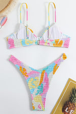 Cannes Print Balconette Crinkle Ruched Underwire High Cut Bikini Set