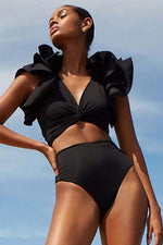 Black Ruffled Plunge Twist-Knot High-Waisted Two-Piece Swimsuit