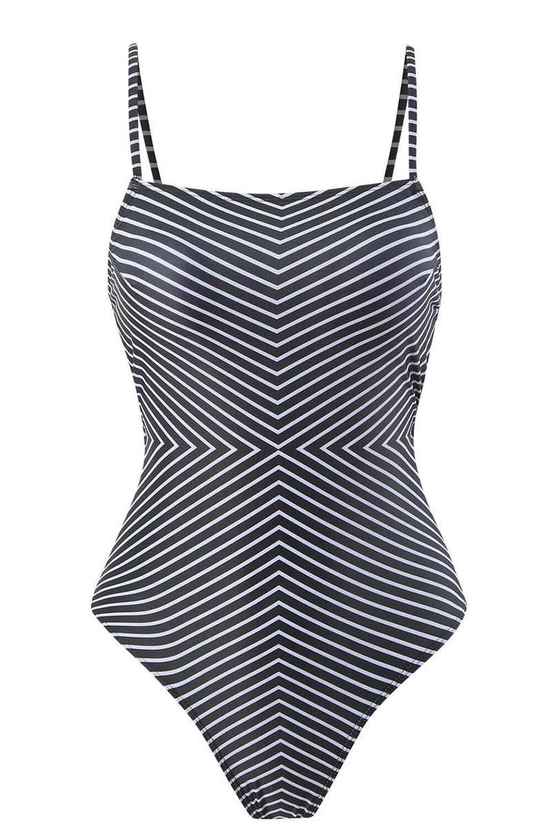 Diagonally Striped Print Square Neck One Piece Swimsuit